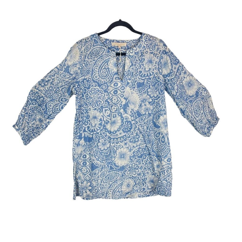 Vanessa Bruno Floral Faraglioni Boho Metallic Long Tunic Dress Blue Size M